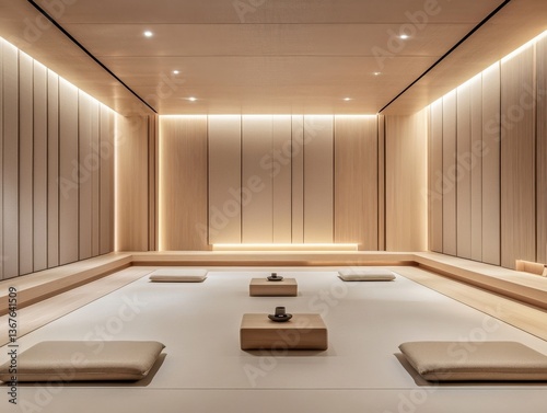 A meditation studio with minimalist design, muted tones, and acoustic-enhancing panels,