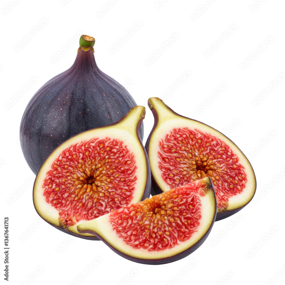 A still life of figs with one whole fig and two sliced figs isolated on transparent background A still life of figs with one whole fig and two sliced figs isolated on transparent background