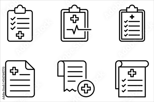 medical report icon set, Health care diagnosis clipboard line icon design on white background