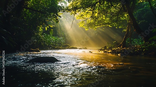 Sun Rays Through Forest Trees Over River Water with Rocks
