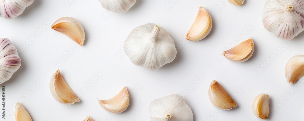 Fototapeta premium Whole and peeled garlic composition concept. Garlic cloves and bulbs scattered on a white background.
