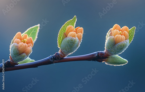 Close-Up of Orange Flower Buds and Green Leaves Against a Soft Blue Background