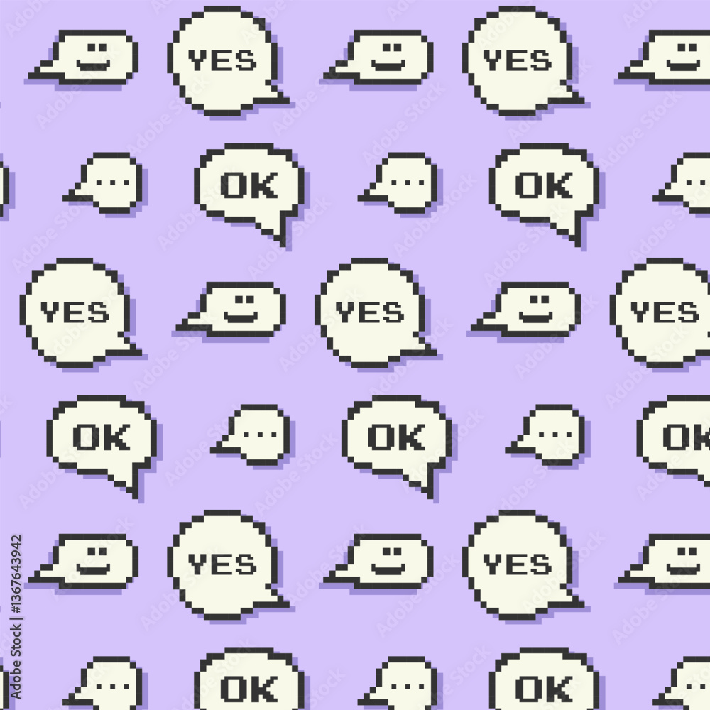 Seamless pattern with pixel art . Pixel speech bubbles. Vector nostalgic background in cartoon 80s 90s pop art style.Y2k, 00s, 90s concept Seamless pattern with pixel art . Pixel speech bubbles. Vector nostalgic background in cartoon 80s 90s pop art style.Y2k, 00s, 90s concept