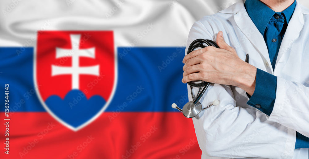 Fototapeta premium Doctor with stethoscope on Slovakia flag. Doctor holding stethoscope on Slovakia flag