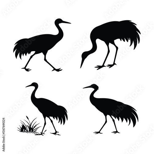 Crane walking standing eating animal silhouette vector art style illustration black on white background