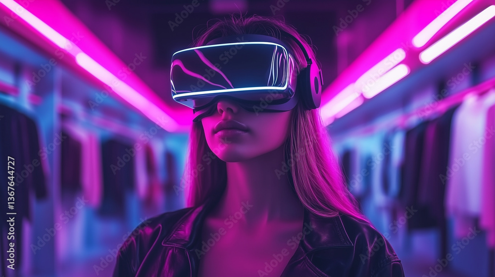 Virtual reality experience in a neon-lit environment with a woman immersed in technology Generative AI Virtual reality experience in a neon-lit environment with a woman immersed in technology Generative AI