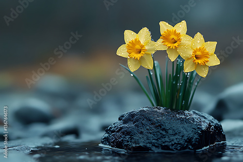  Vibrant Yellow Daffodils on Dark Rock with Glistening Rain Droplets