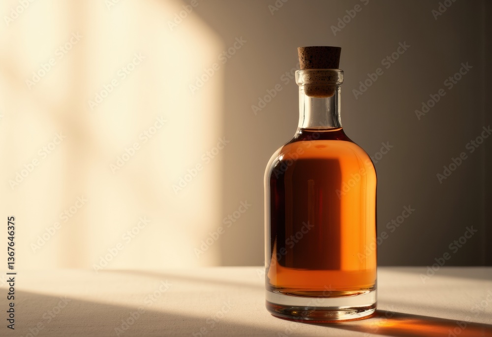 A glass bottle filled with amber liquid, illuminated by soft light A glass bottle filled with amber liquid, illuminated by soft light