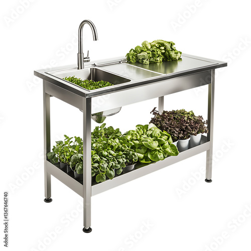 Heavy-duty stainless steel gardener's workstation, industrial look, easy-clean surface, isolated on pure white background, professional grade product shot.