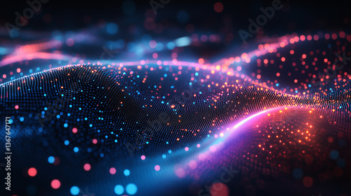 Abstract Waving Particle Technology Background Design. Abstract wave moving dots flow particles, hi-tech and big data background design for brochures, flyers, magazine, business card, banner. Vector
