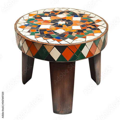 Round side table with intricate Moroccan Zellige tile mosaic top, colourful geometric pattern, isolated on clean white background, artisan furniture photo.