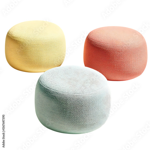Set of three small round outdoor poufs, pastel colours (mint, coral, yellow), textured fabric, isolated on clean white background, versatile seating set photo.