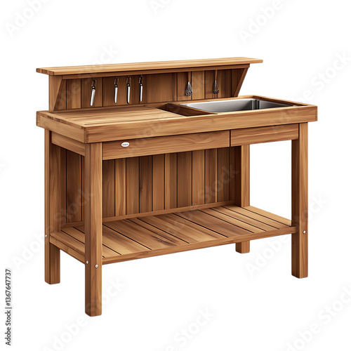 Teak wood potting bench, premium quality, built-in soil bin, utensil hooks, isolated on clean white background, sharp focus, commercial product image.