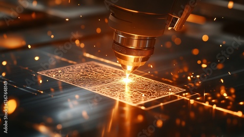 Automated laser etching machine engraving precise patterns onto a metal sheet in a high-tech manufacturing plant. photo