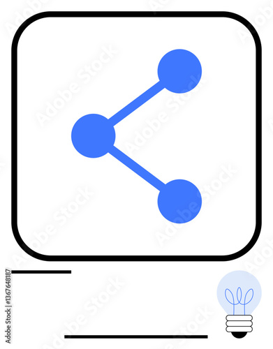 Three blue circular nodes connected by lines within a square outline, accompanied by a glowing lightbulb. Ideal for networking, sharing, communication, collaboration, innovation, ideas, creativity