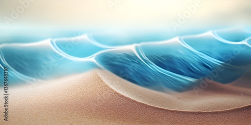 A wave made of sand, the color is blue and white, with brown edges. It has an abstract design on the top and bottom. The background should be pure white. bokeh background