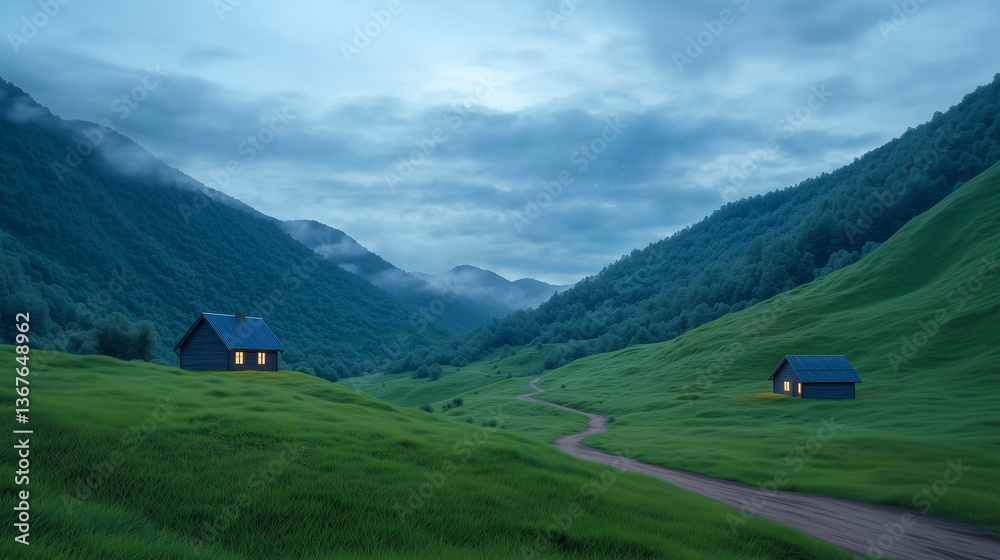 Fototapeta premium Cozy Cabins in Lush Green Valley