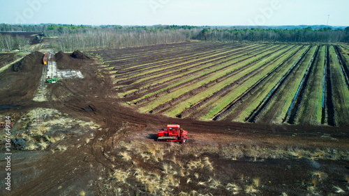 Lower Saxony, Germany - March 23, 2025: Drone footage of a peat mining area in Lower Saxony
