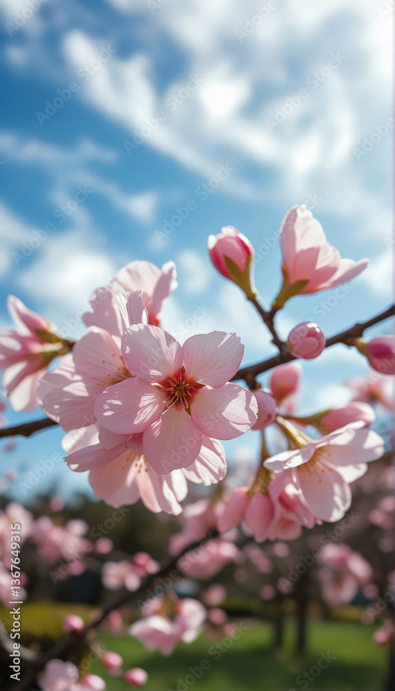 Fototapeta premium Blooming Cherry Blossoms Against Blue Sky
