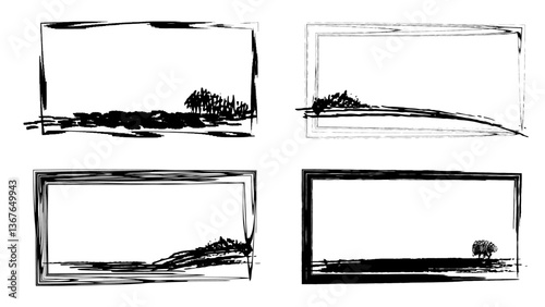 Grunge graffiti stencil frames with spray paint borders. Black vector rectangles and squares. Airbrushing paint banners, splatter ink shapes. Banner with scratched surface for your design.