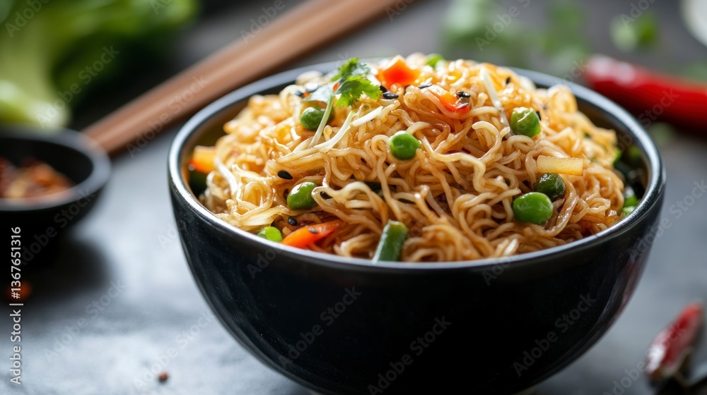 Serving of Noodles with Vegetables in Black Bowl Close Up View Serving of Noodles with Vegetables in Black Bowl Close Up View
