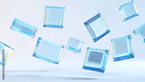 Floating Blue Glass Cubes Abstract 3D Render, Digital Art