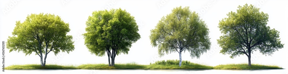 Fototapeta premium Collection of aspen trees with green foliage isolated against a transparent or white backdrop