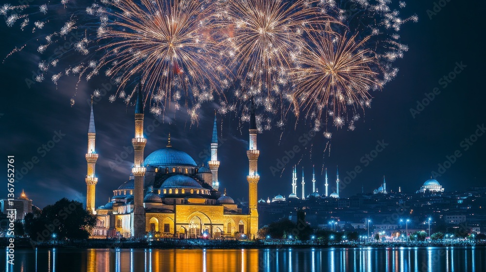 Obraz premium Illuminated Mosque and Fireworks Display Over Istanbul Skyline at Night