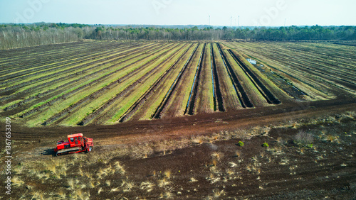Lower Saxony, Germany - March 23, 2025: Drone footage of a peat mining area in Lower Saxony

