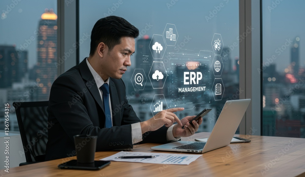Asian businessman using smartphone in modern office with city skyline view. Focus on ERP management and technology. Asian businessman using smartphone in modern office with city skyline view. Focus on ERP management and technology.
