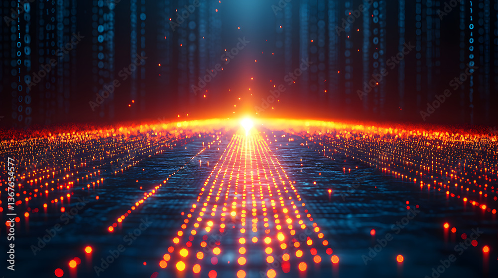 Fototapeta premium Illuminated Digital Pathway: An artistic digital illustration, featuring a dynamic composition of glowing dots and lines converging towards a bright focal point.