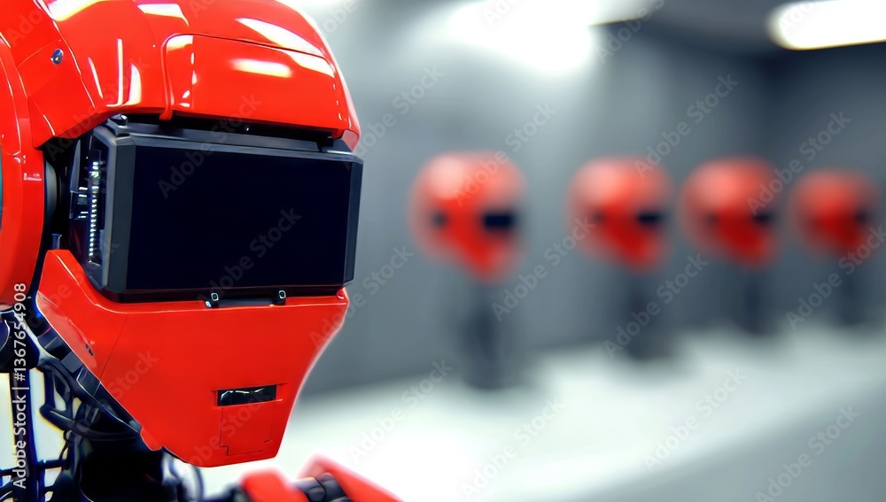 Fototapeta premium Sky-Fi Android robots, among which are three red ones, are ready to spring into action