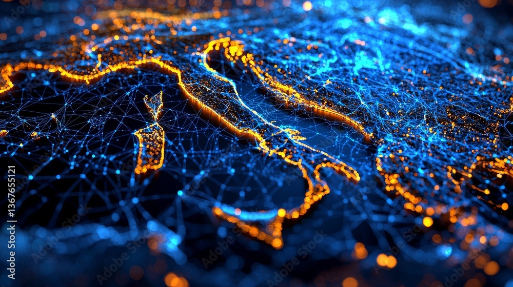 A digital representation of Italy is illuminated with blue and orange lights, symbolizing connection and technological progress A digital representation of Italy is illuminated with blue and orange lights, symbolizing connection and technological progress