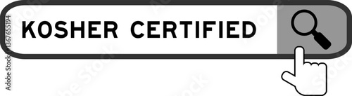 Search banner in word kosher certified with hand over magnifier icon on white background