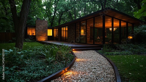 The suburban home, built in a mid-century modern style, incorporates an innovative lighting system that automatically adjusts according to the time of day and occupancy
