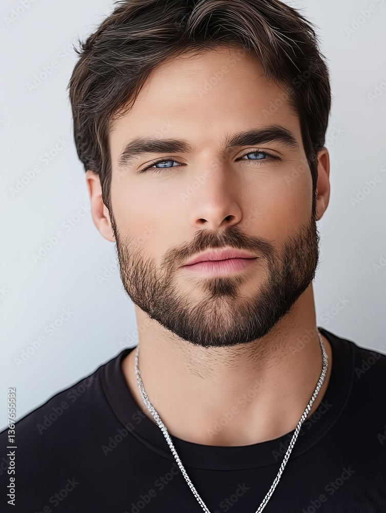 Obraz premium The image is a close-up portrait of a young man's face. He has a full beard and mustache and his hair is styled in a short slicked-back manner. He is wearing a black t-shirt and a silver chain necklac