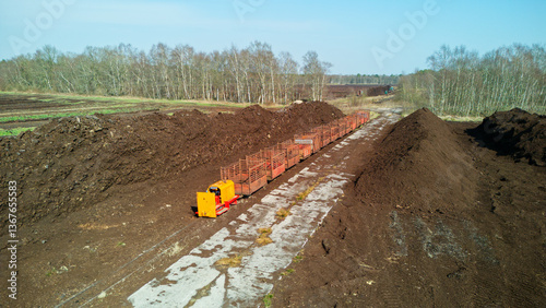 Lower Saxony, Germany - March 23, 2025: Drone footage of a peat mining area in Lower Saxony
