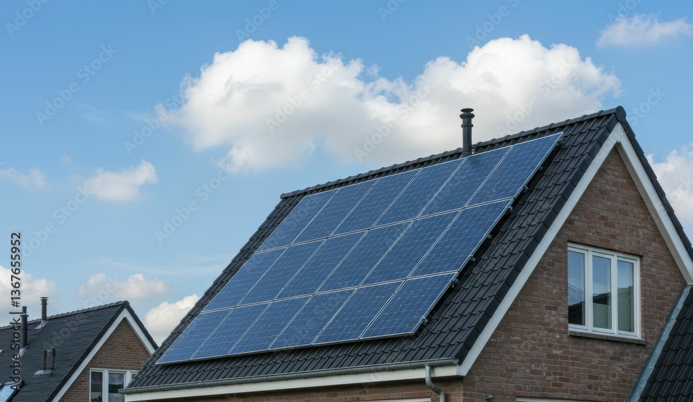 Solar panels on residential houses in a Dutch neighborhood promote renewable energy, eco-friendly living, sustainability. Solar panels on residential houses in a Dutch neighborhood promote renewable energy, eco-friendly living, sustainability.