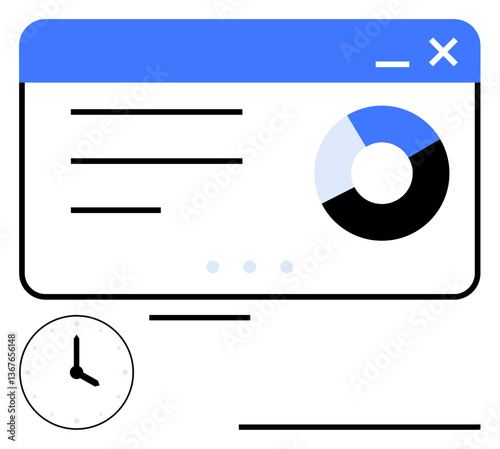 Web interface with a pie chart, text lines, and a clock symbolizes data analysis, time tracking, business operations. Ideal for productivity, analytics, workflow, planning management optimization