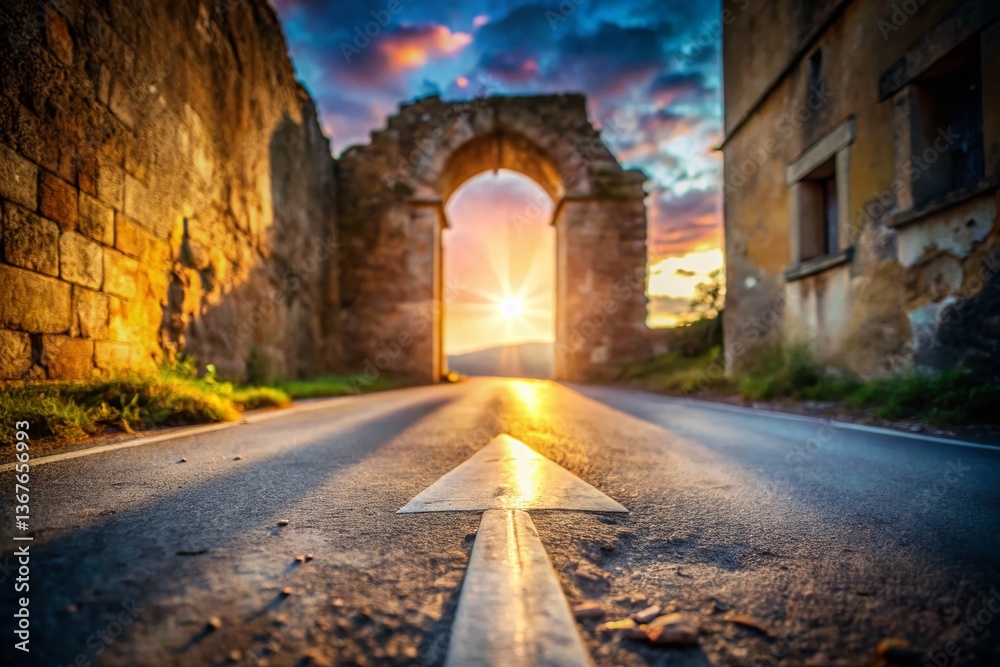 Fototapeta premium Heavenly Path: White Arrow Guiding to Ancient Doorway - Tilt-Shift Stock Photo