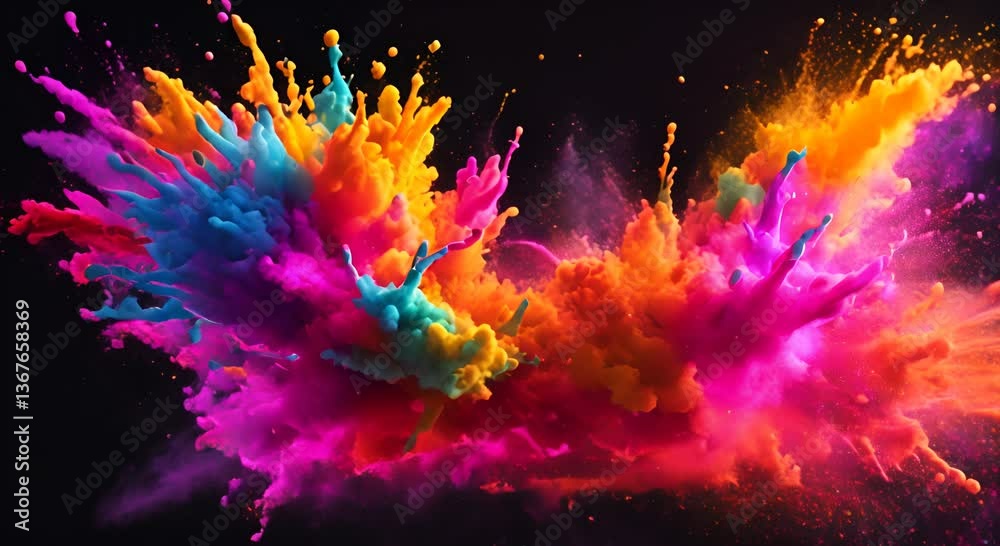 Explosion of bright colorful paint on black background burst of multicolored powder abstract pattern of colored dust splash Video 4K Explosion of bright colorful paint on black background burst of multicolored powder abstract pattern of colored dust splash Video 4K