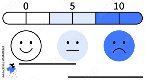 Horizontal rating bar from 010 with happy face icons showing emotions from happy to sad. Ideal for feedback, satisfaction evaluation, sentiment tracking, surveys, reviews, mood analysis, customer