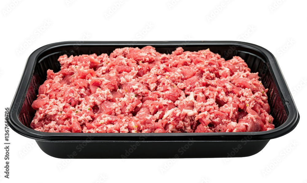 Ground meat in black container ready for cooking isolated on transparent background Ground meat in black container ready for cooking isolated on transparent background