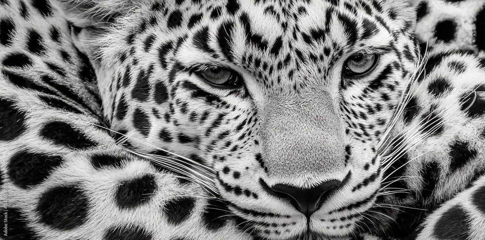 Naklejka premium The texture of a leopard's skin is realistically depicted with a beautiful pattern, incorporating themes of leopard, animal, background, skin, texture, real, furry, and pattern