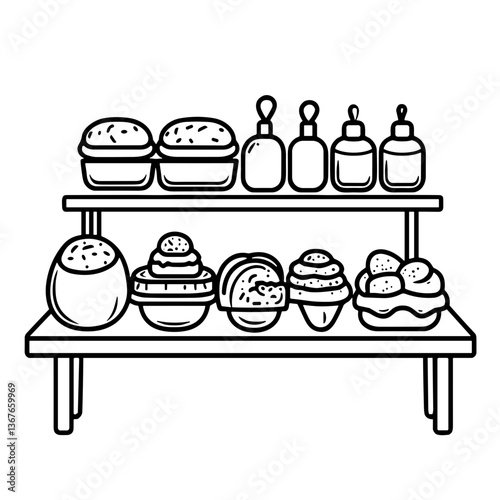 Dessert shop display featuring various sweets and treats in black-and-white  