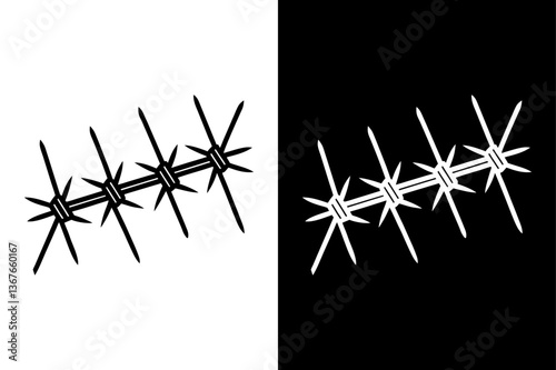 Barbed Wire Fence Silhouette Vector Black & White Security Icon.