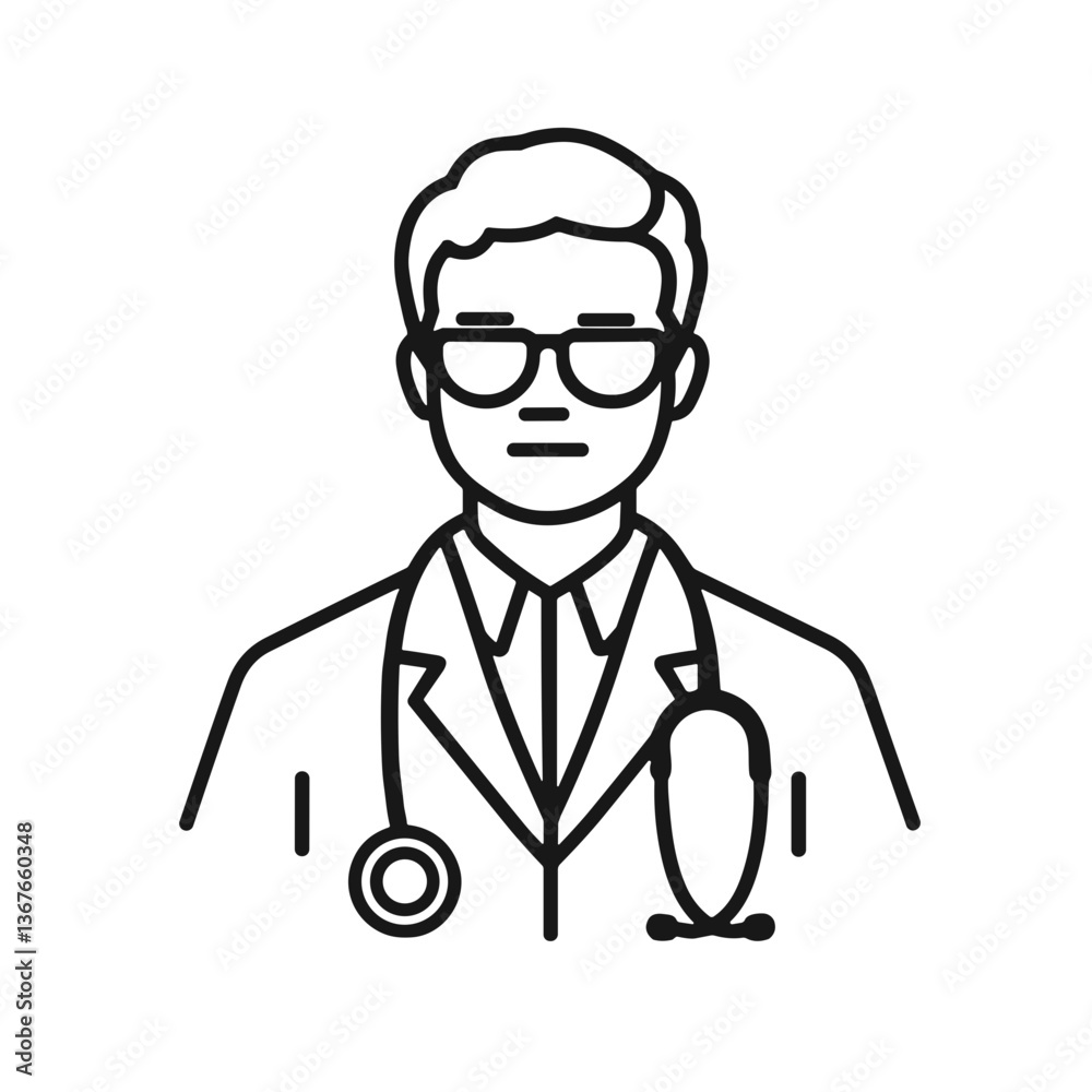 Doctor in glasses with stethoscope in a simple line art style Doctor in glasses with stethoscope in a simple line art style