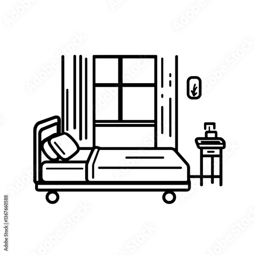 Minimalist bedroom design with bed, window, and bedside table  