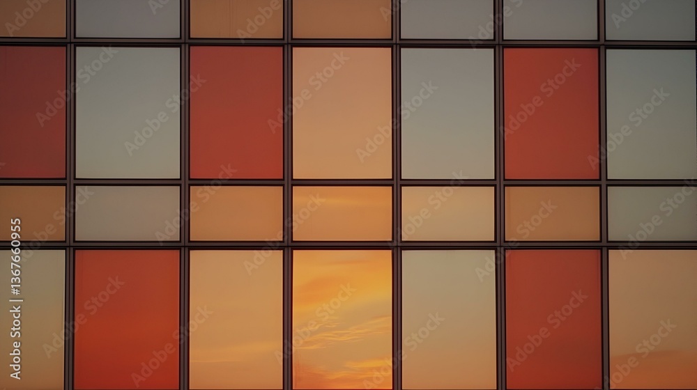 Sunset reflected in a modern building's geometric window panes. Warm, earthy tones. Sunset reflected in a modern building's geometric window panes. Warm, earthy tones.