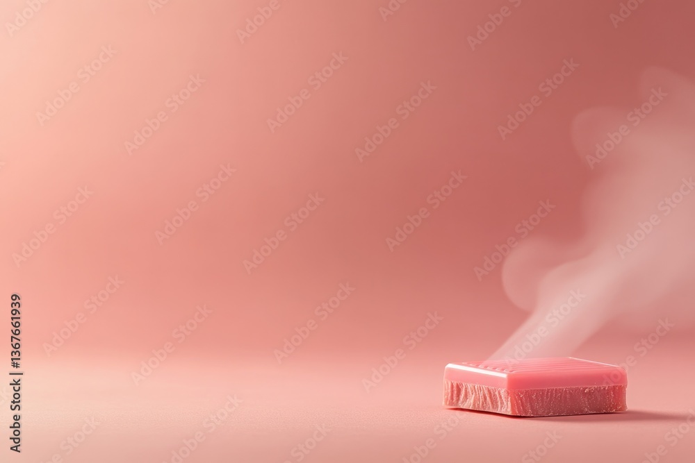 Soft pink chocolate block emanates gentle steam, creating an inv Soft pink chocolate block emanates gentle steam, creating an inv
